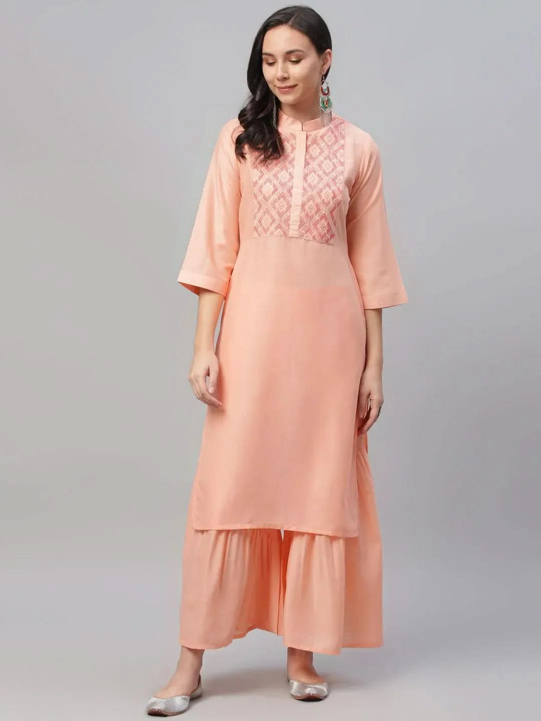 Peach Embroidered Crepe Kurta - Libas