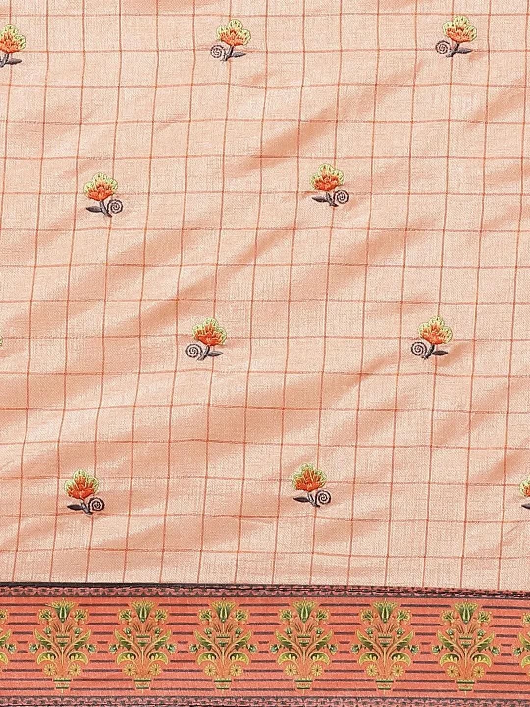 Peach Embroidered Crepe Saree - Libas