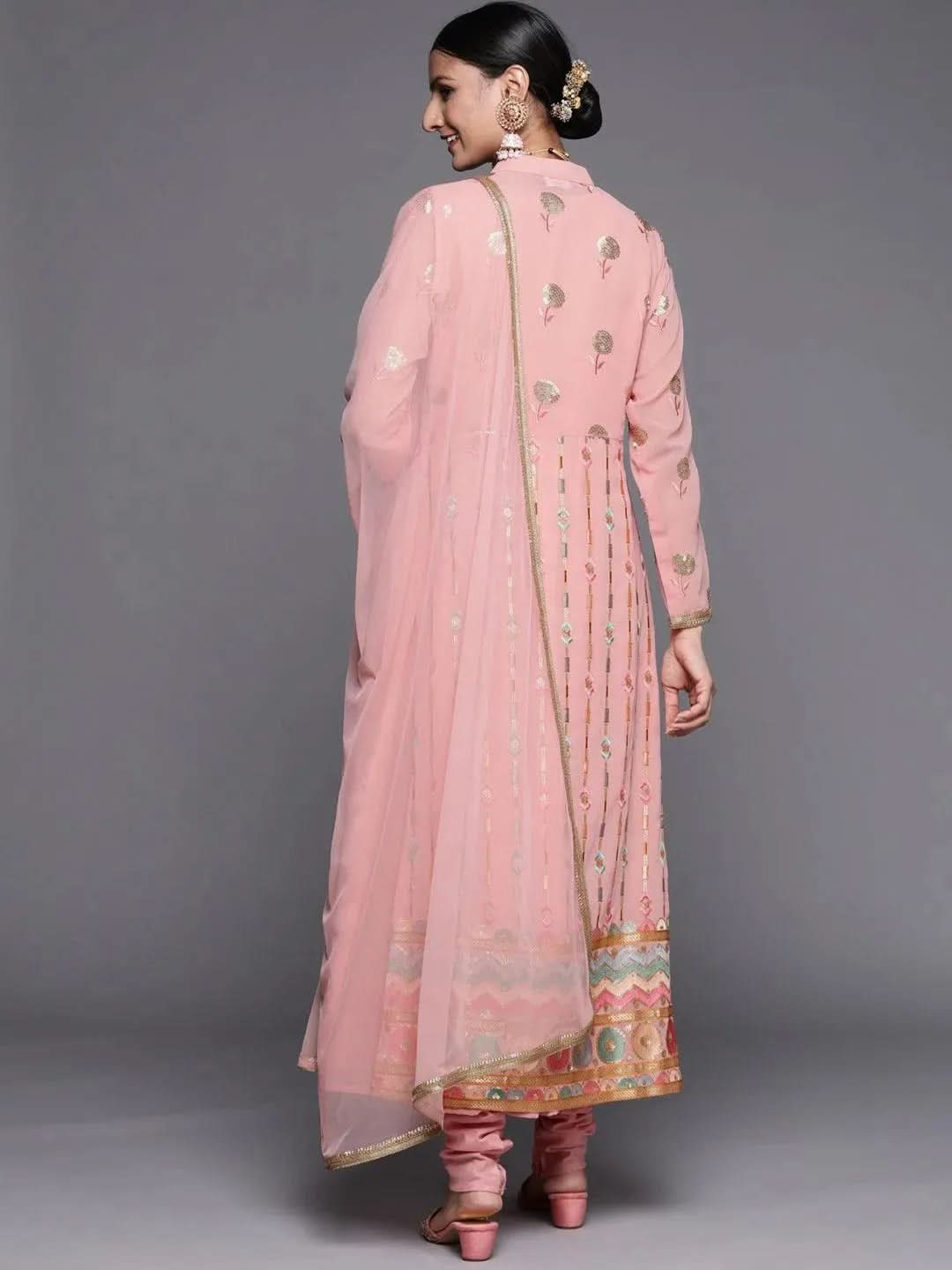 Peach Embroidered Georgette A-Line Kurta With Churidar & Dupatta 
Peach Embroidered Georgette A-Line Kurta With Churidar & Dupatta