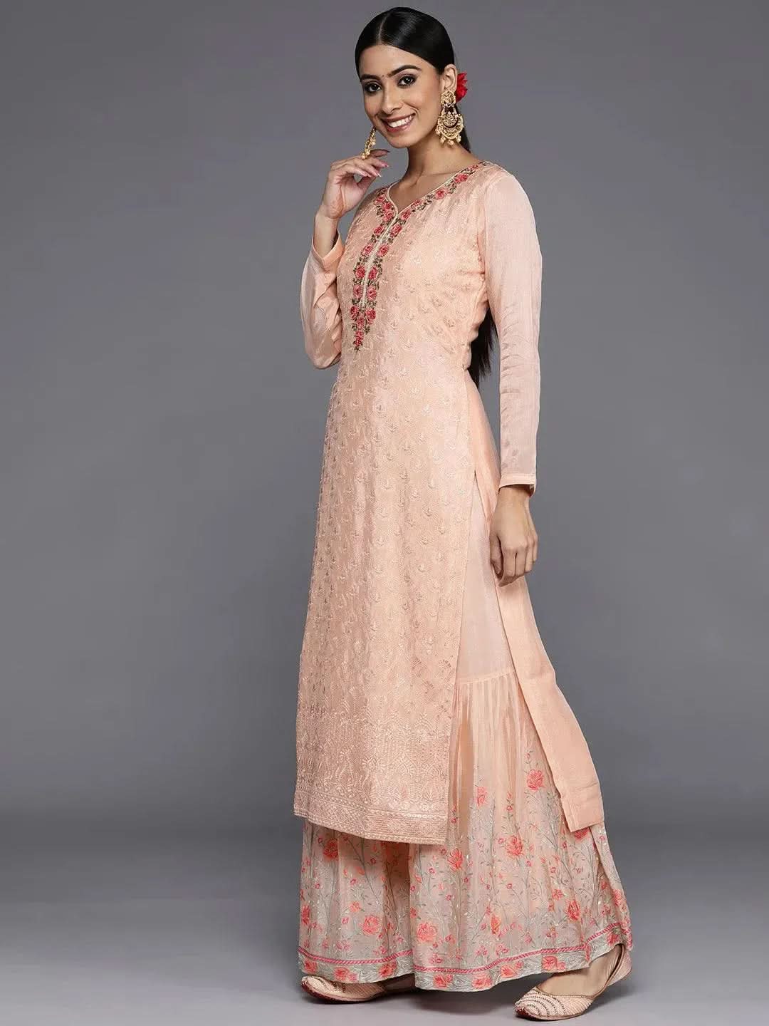 Peach Embroidered Poly Georgette Straight Suit Set - Libas