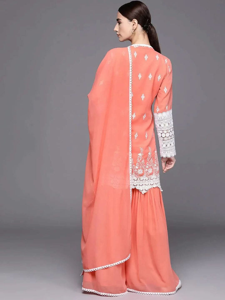 Peach Embroidered Georgette Suit Set - Libas
