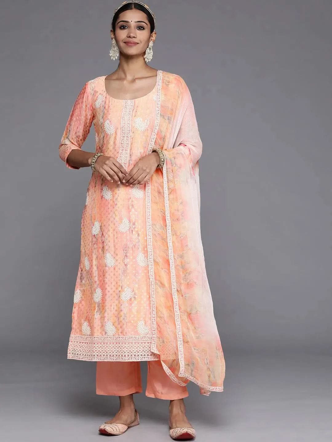 Peach Embroidered Poly Georgette Straight Suit Set - Libas
