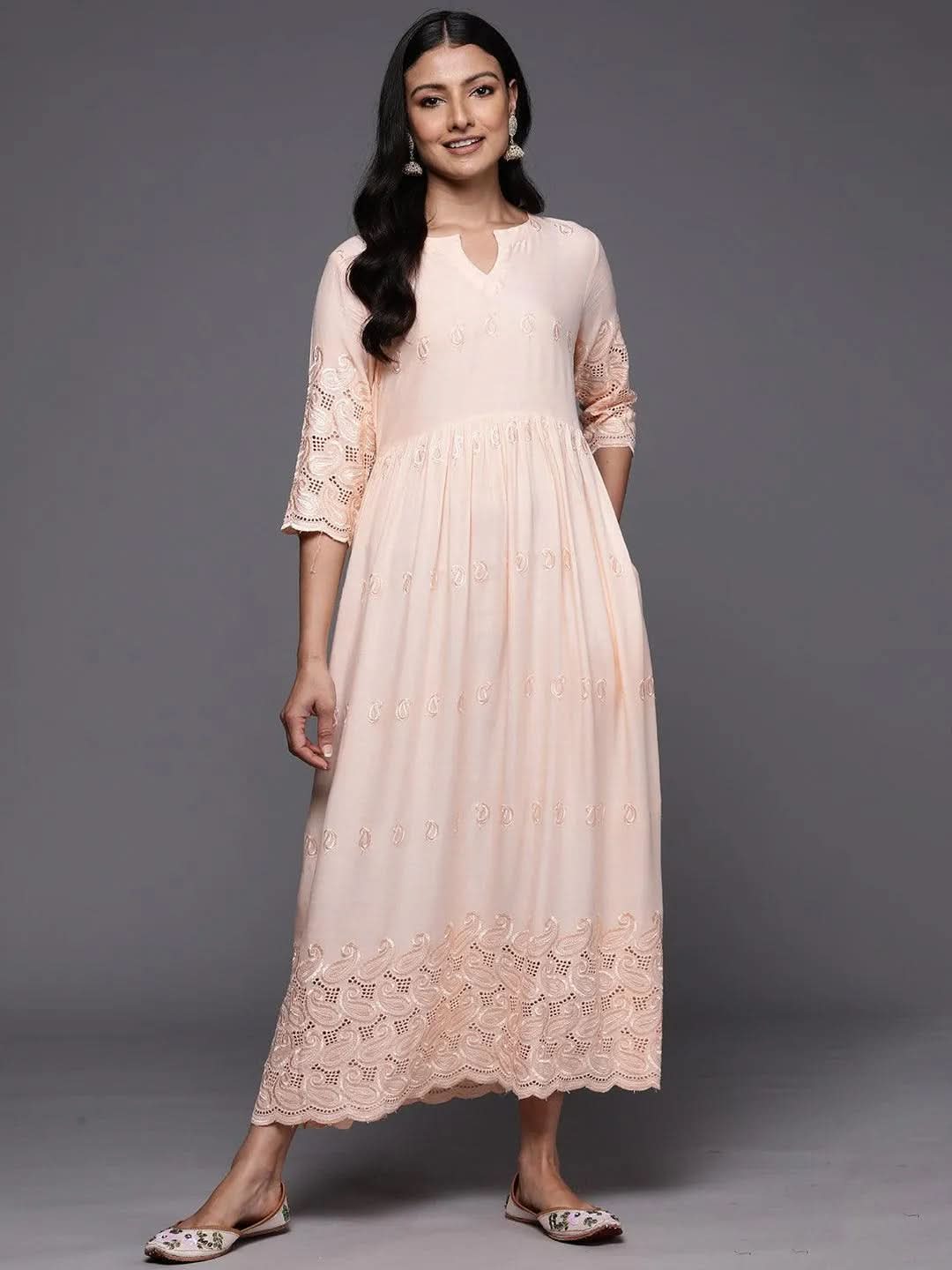 Peach Cotton Embroidered Flared Dress