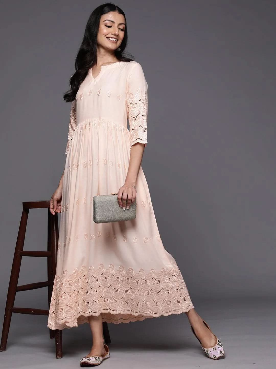 Peach Embroidered Rayon Fit and Flare Dress - Libas