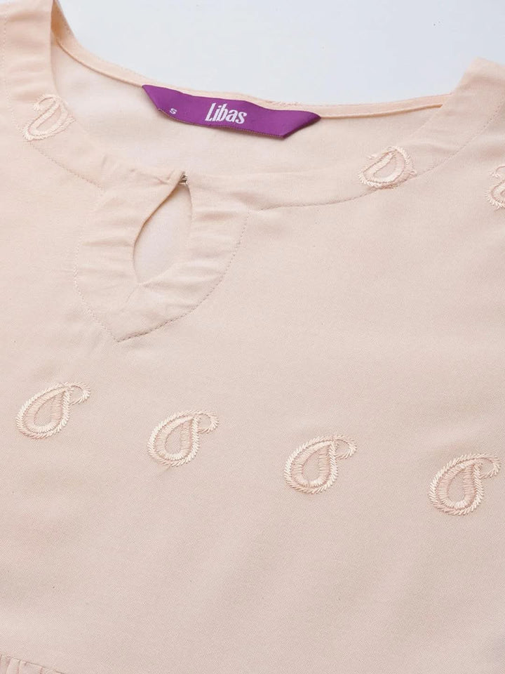 Peach Embroidered Rayon Fit and Flare Dress - Libas
