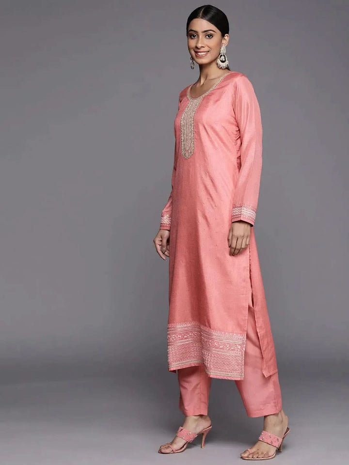 Peach Embroidered Silk Blend Straight Suit Set - Libas