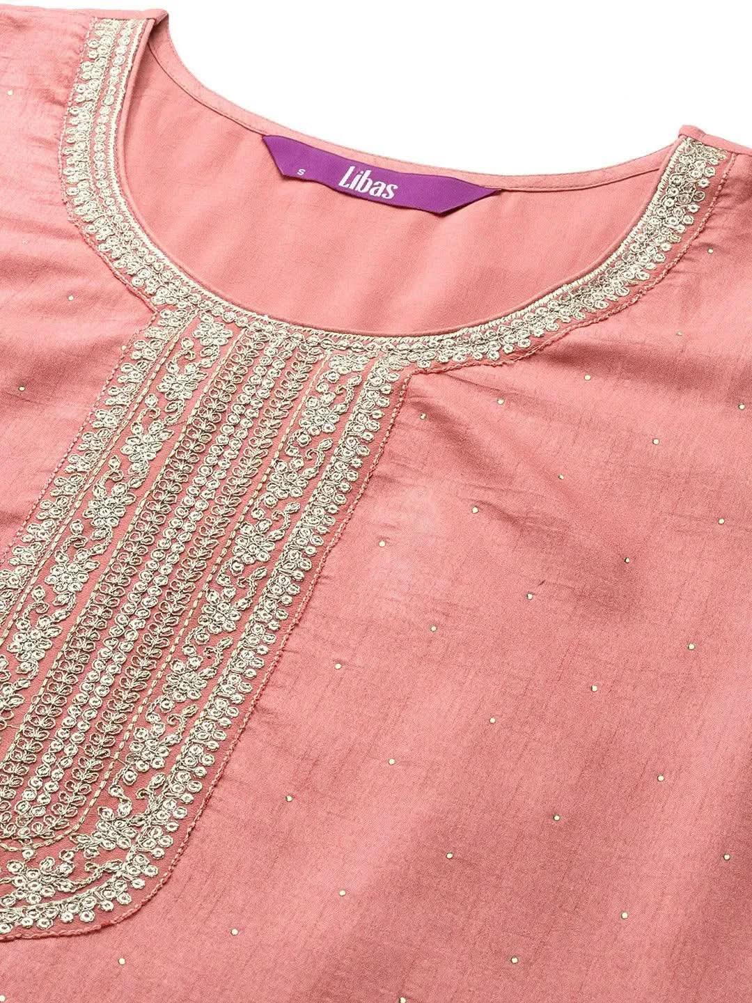 Peach Embroidered Silk Blend Straight Suit Set - Libas