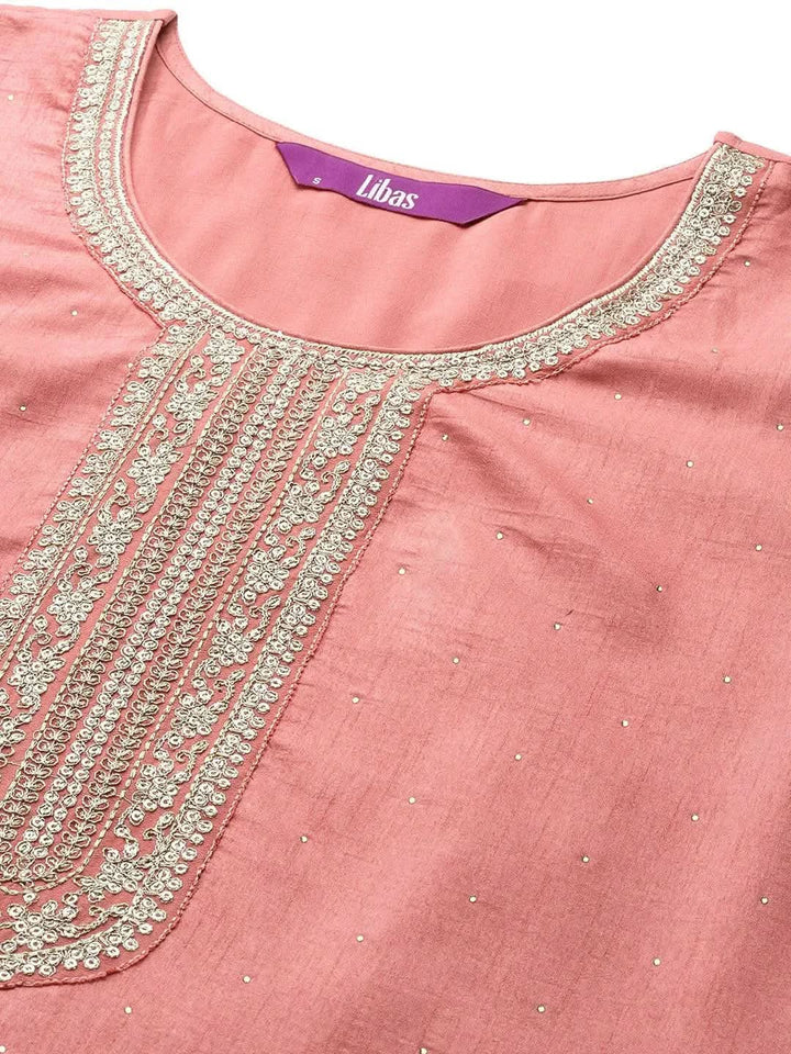 Peach Embroidered Silk Blend Straight Suit Set - Libas