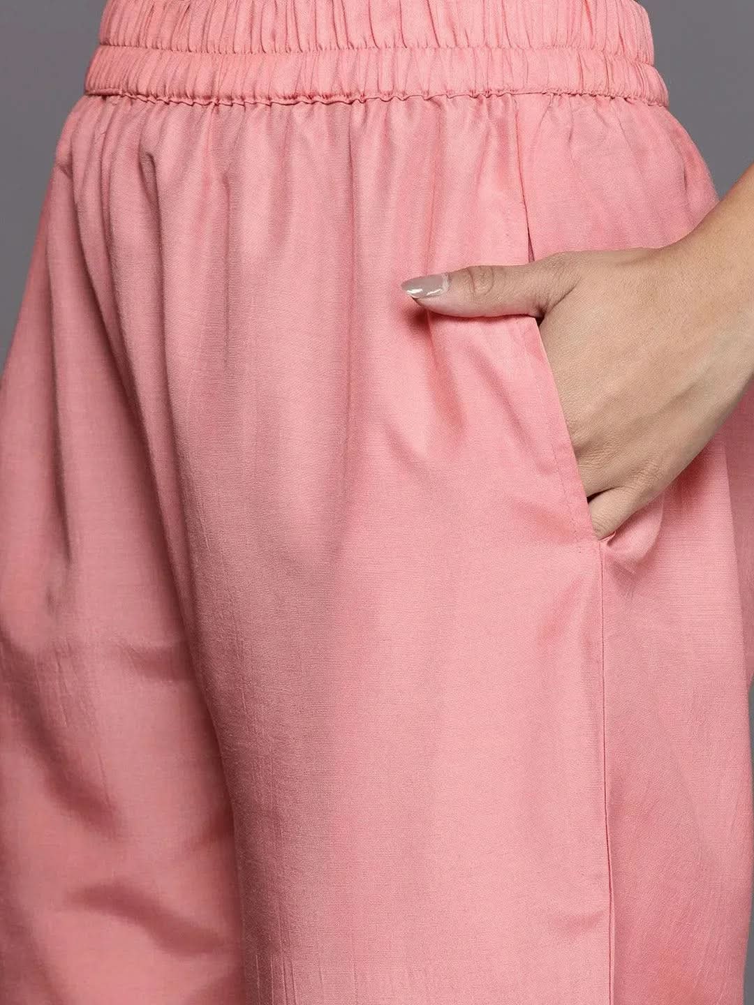 Peach Embroidered Silk Blend Straight Suit Set - Libas