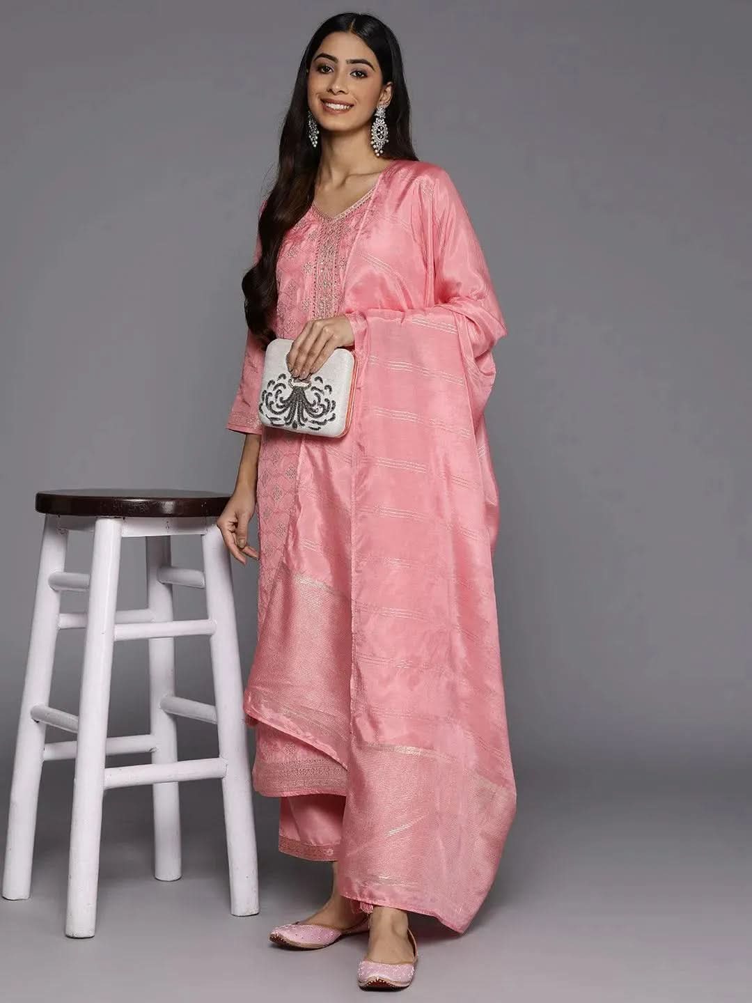 Peach Embroidered Silk Blend Straight Kurta With Trousers & Dupatta
Peach Embroidered Silk Blend Straight Kurta With Trousers & Dupatta