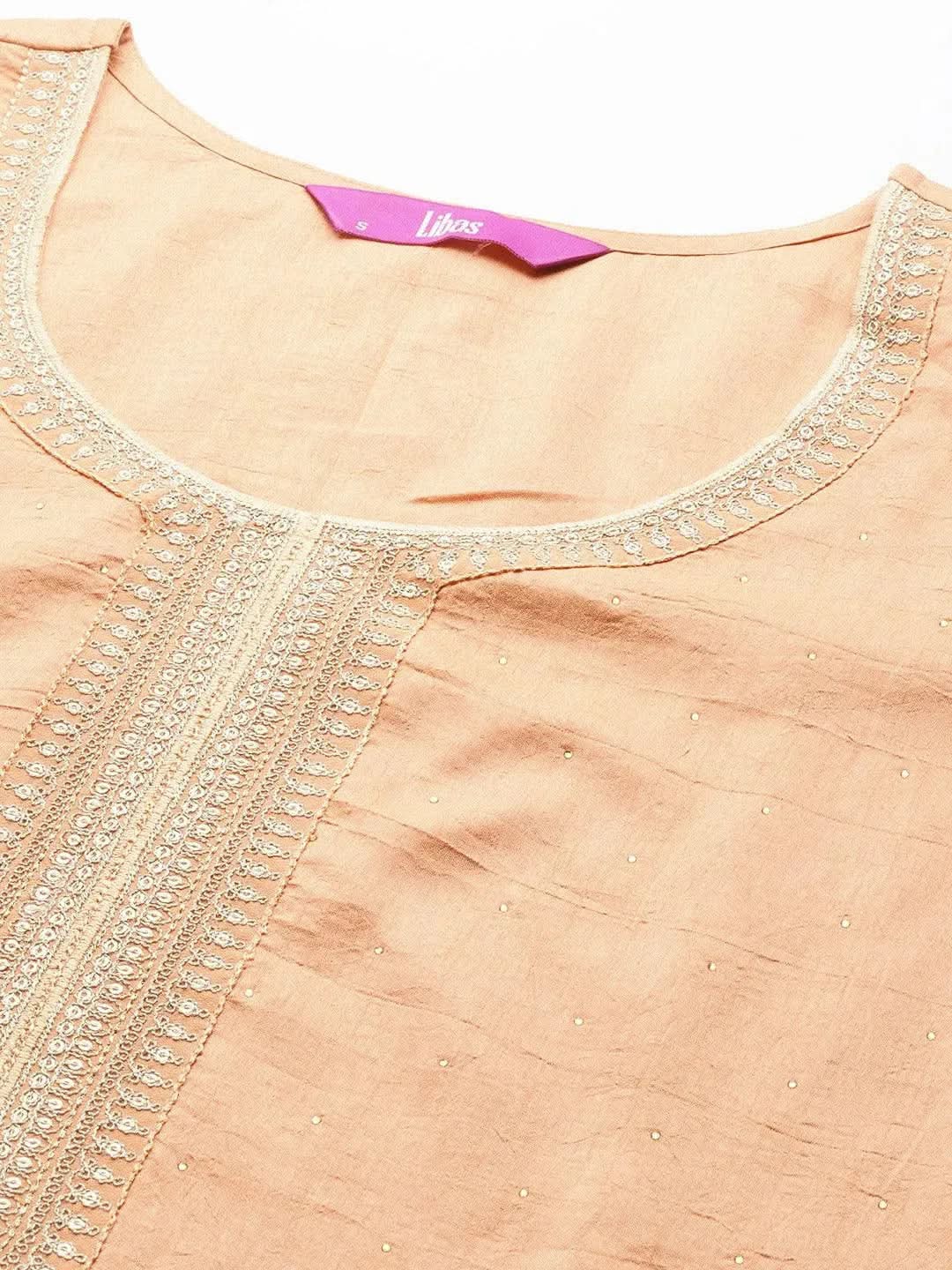 Peach Embroidered Silk Blend Straight Suit Set - Libas