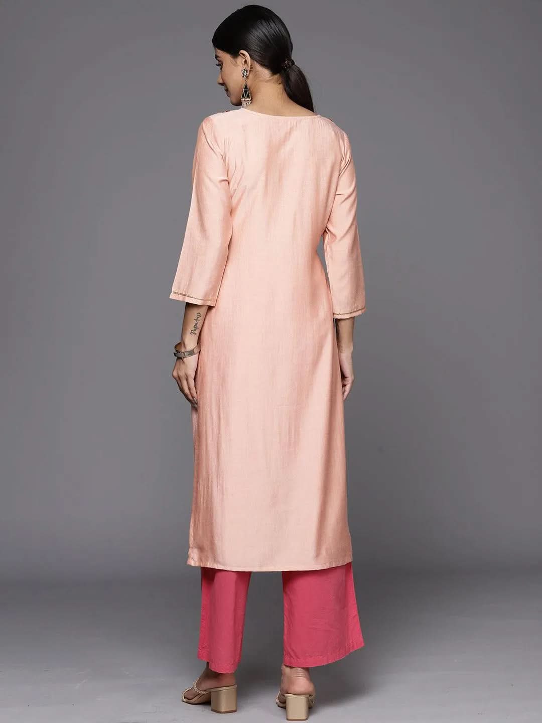 Peach Embroidered Silk Straight Kurta 
Peach Embroidered Silk Straight Kurta