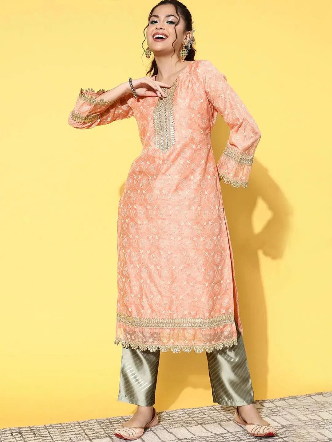 Peach Printed Chanderi Silk Straight Kurta - Libas