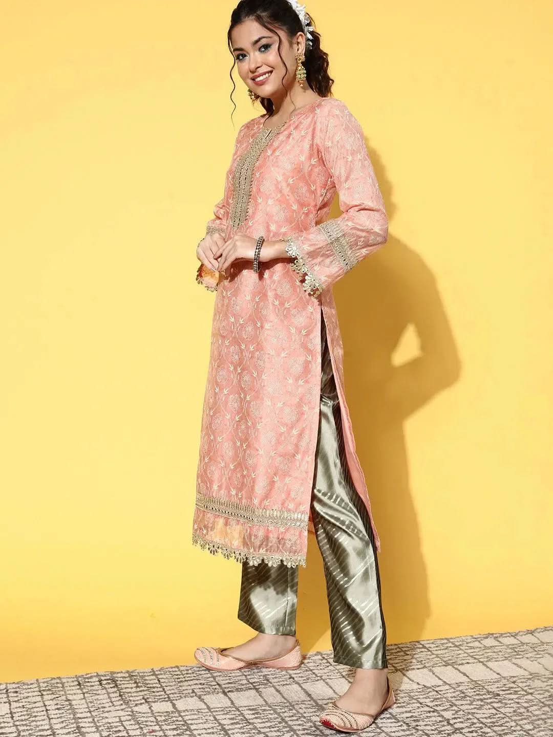 Peach Printed Chanderi Silk Straight Kurta - Libas
