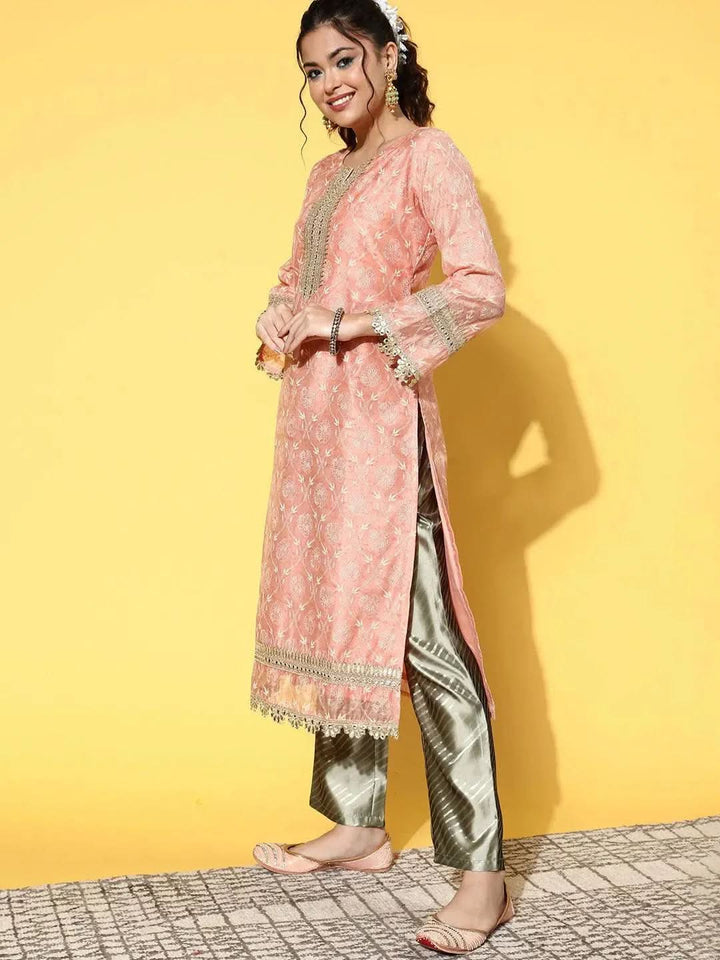 Peach Printed Chanderi Silk Straight Kurta - Libas