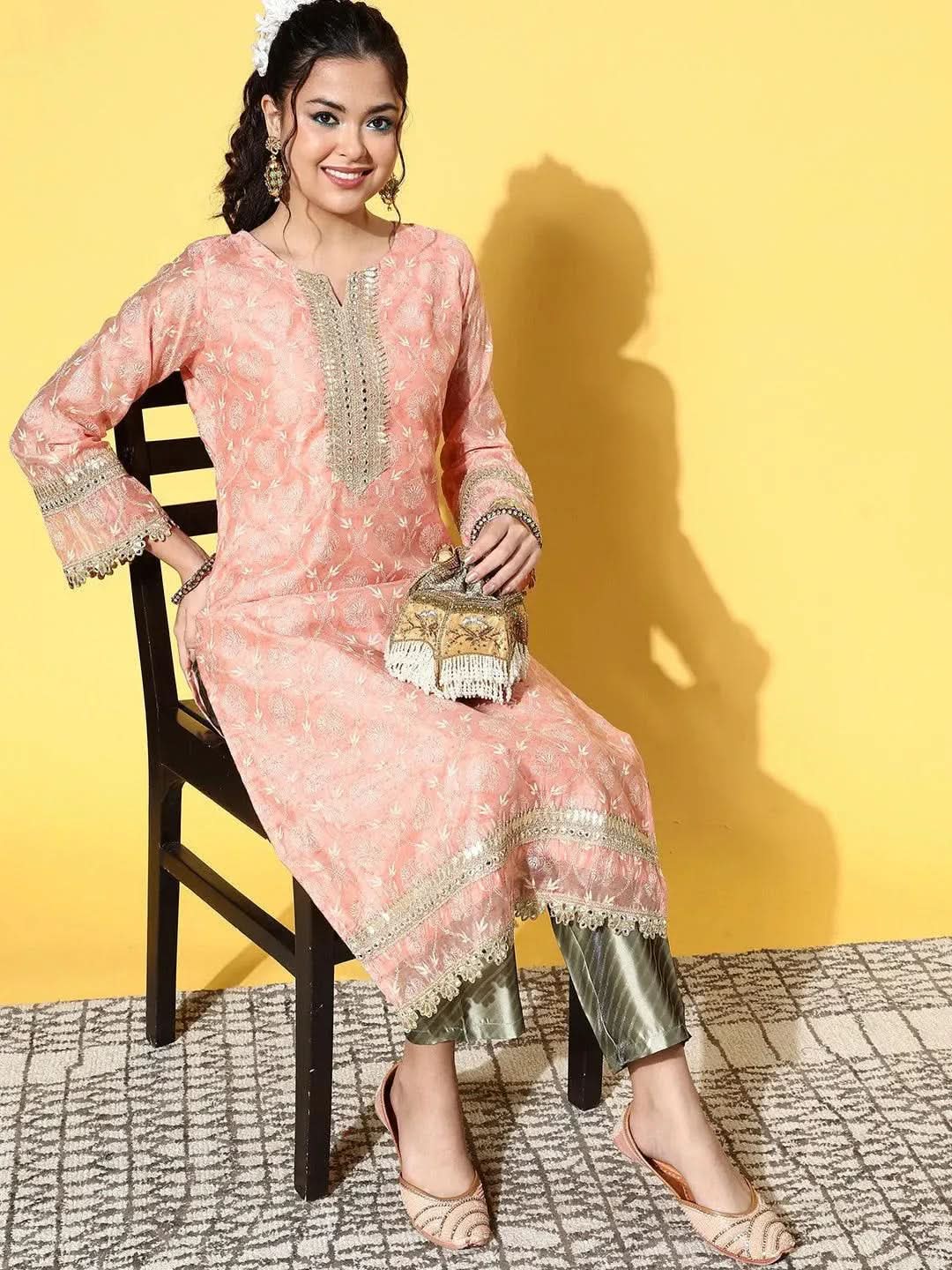 Peach Printed Chanderi Silk Straight Kurta - Libas