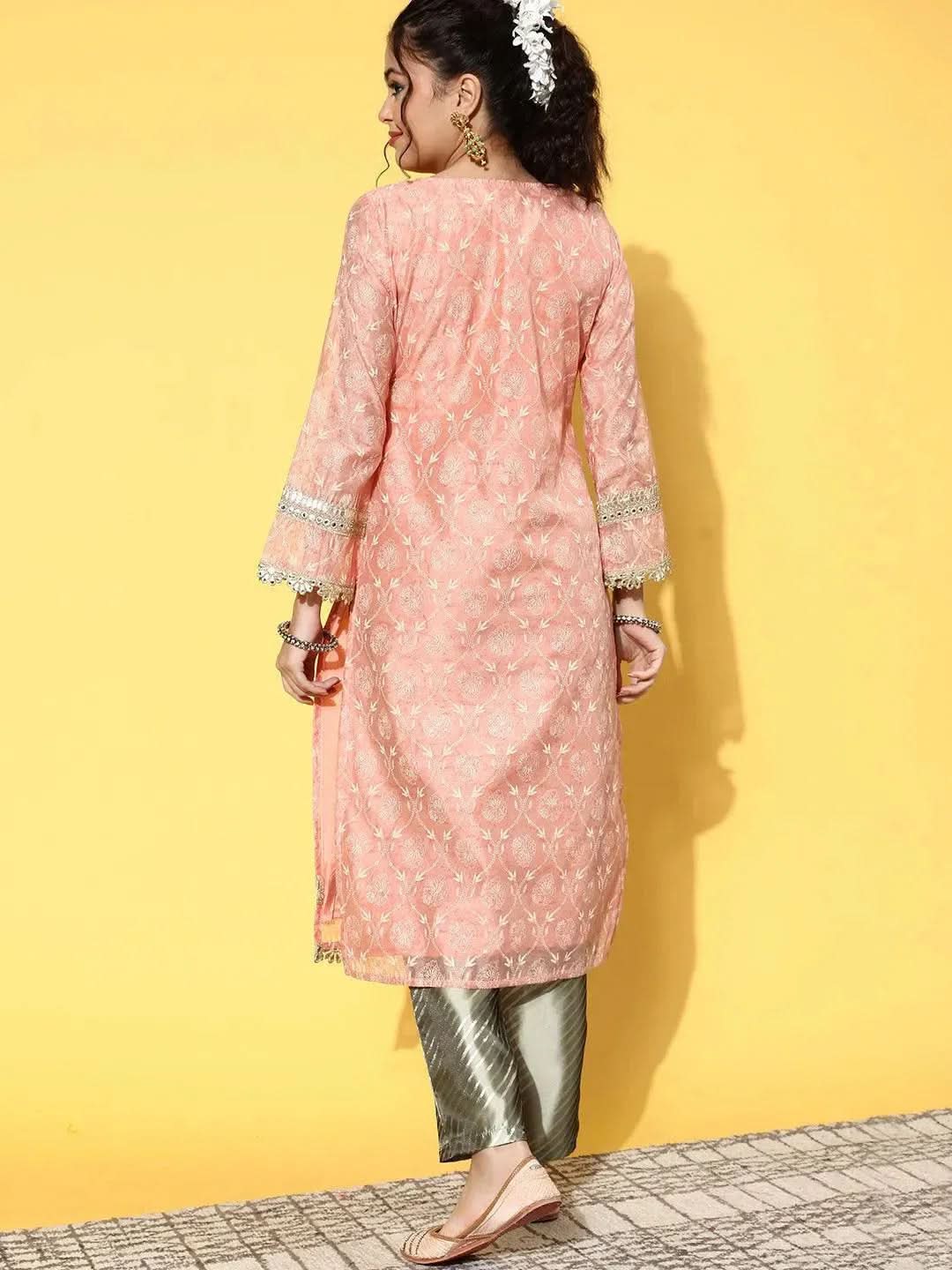 Peach Printed Chanderi Silk Straight Kurta - Libas