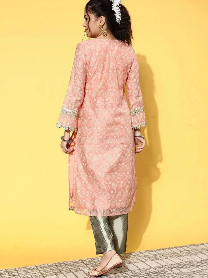 Peach Printed Chanderi Silk Straight Kurta - Libas