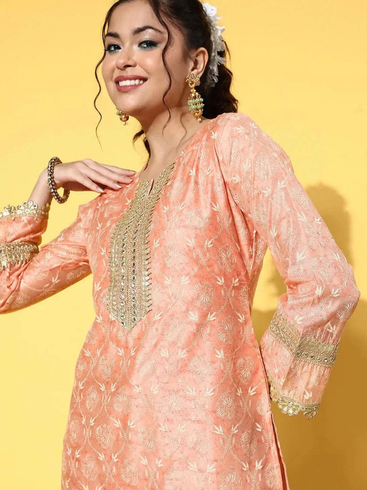 Peach Printed Chanderi Silk Straight Kurta - Libas