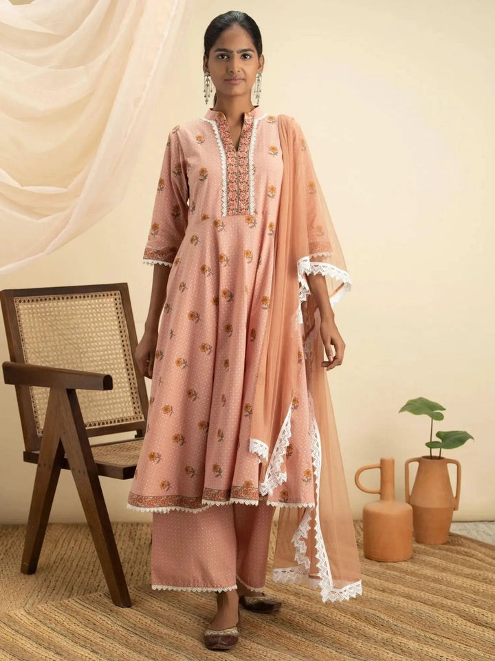 Peach Printed Cotton Suit Set - Libas