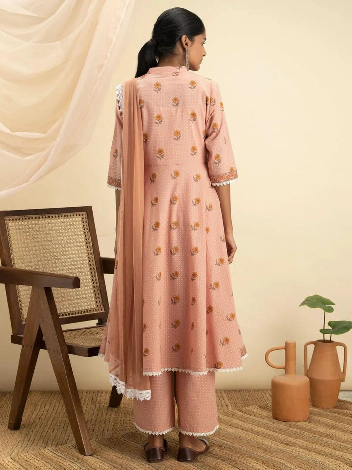 Peach Printed Cotton Suit Set - Libas