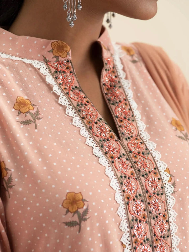Peach Printed Cotton Suit Set - Libas