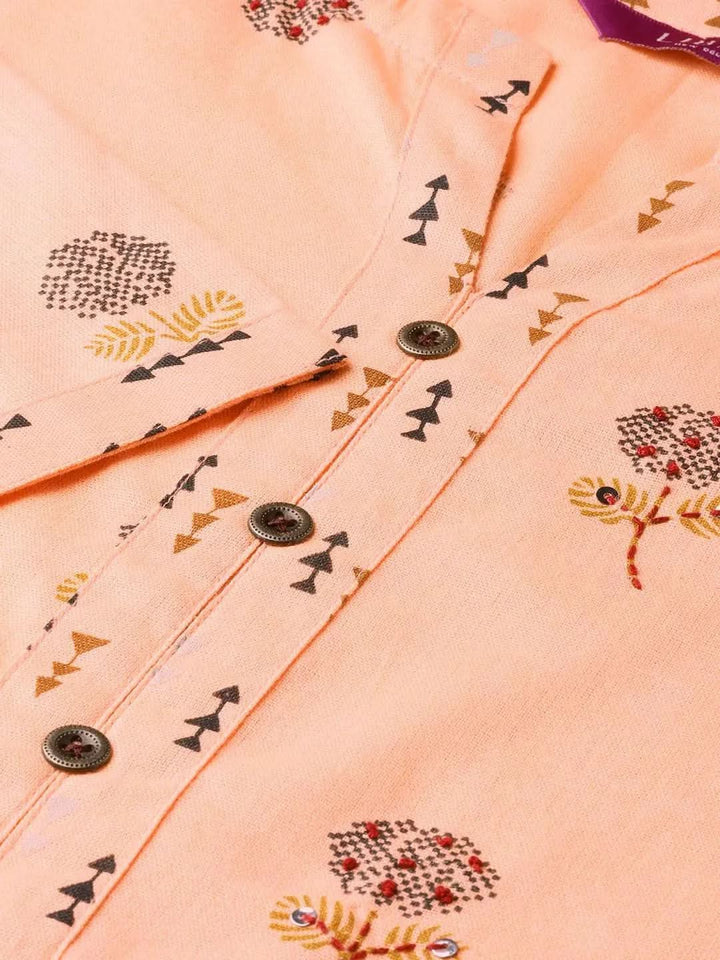 Peach Printed Cotton A-Line Kurta With Palazzos - Libas