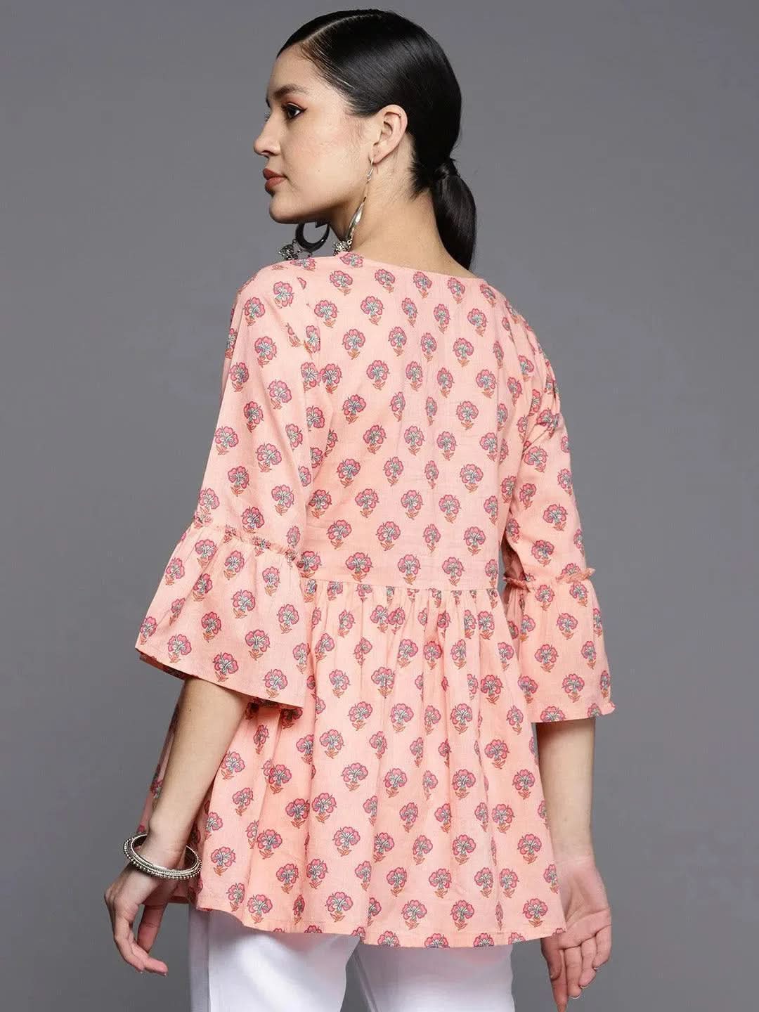 Peach Printed Cotton A-Line Kurti 
Peach Printed Cotton A-Line Kurti