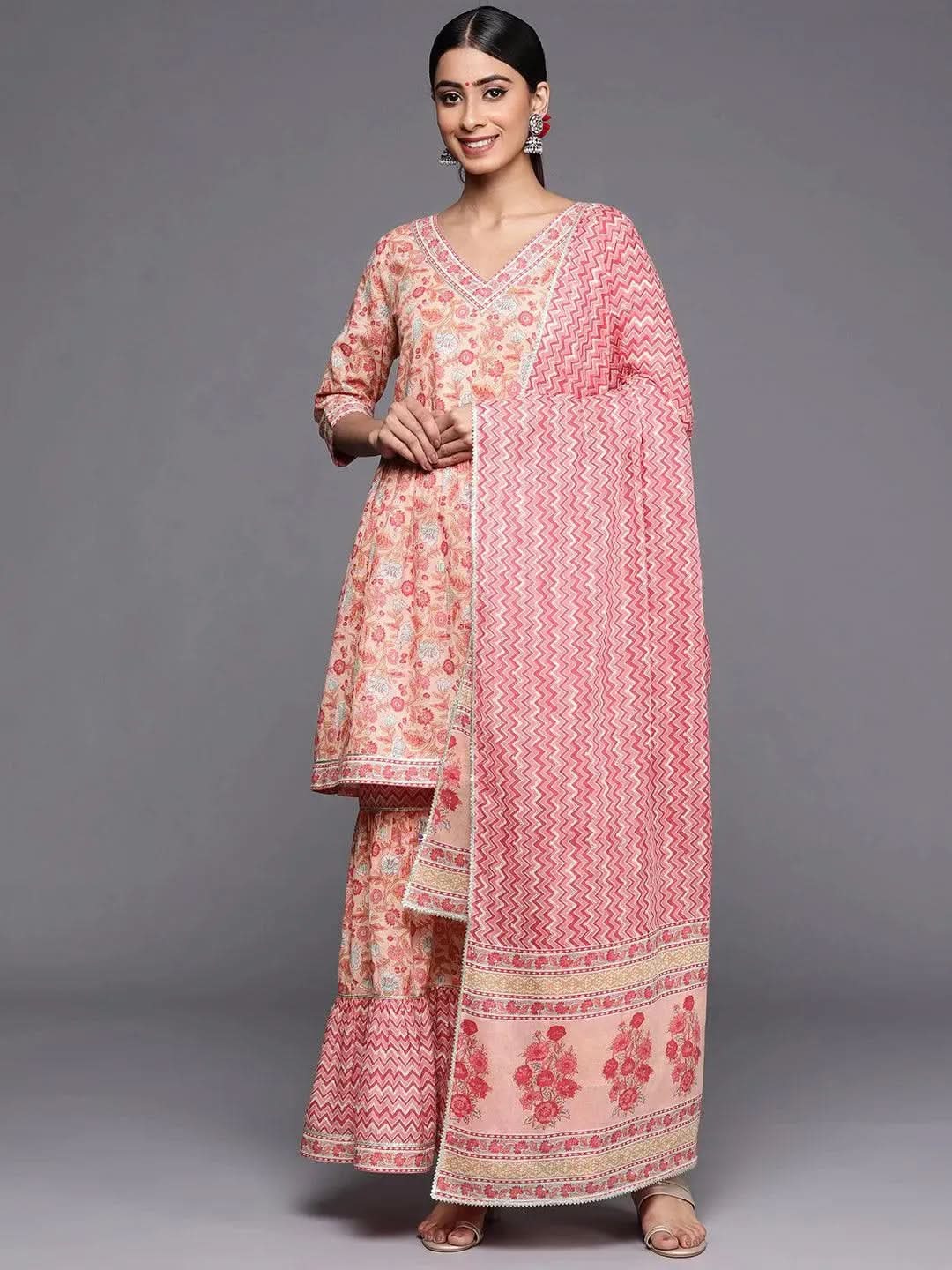 Peach Printed Cotton Anarkali Sharara Suit Set - Libas