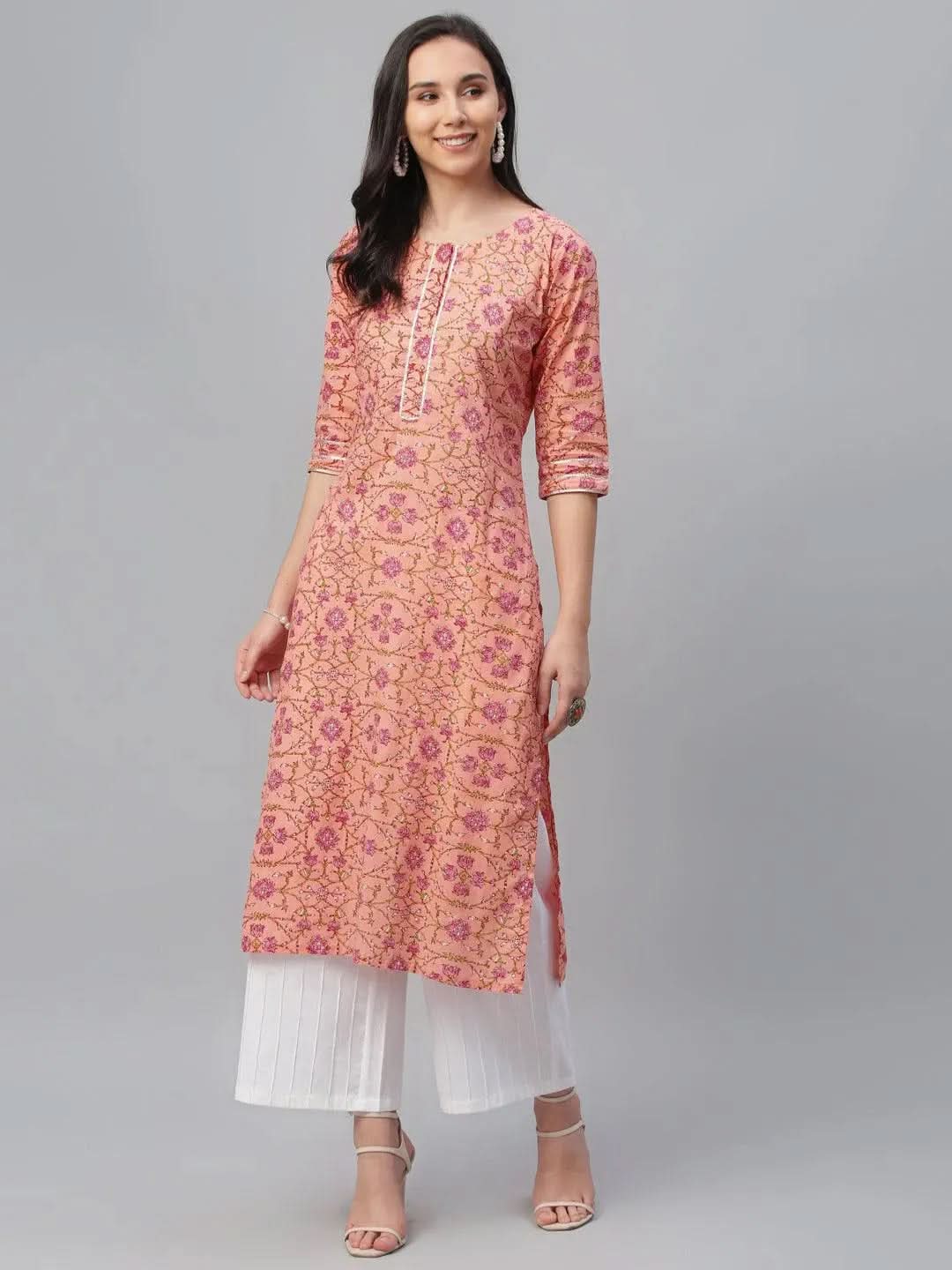 Peach Printed Cotton Kurta - Libas