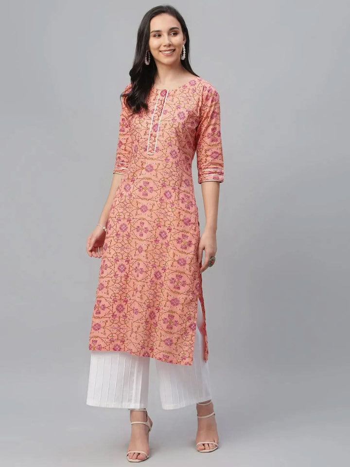 Peach Printed Cotton Kurta - Libas