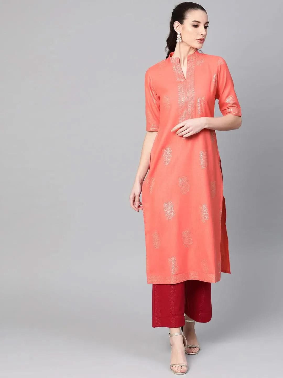Peach Printed Cotton Kurta - Libas