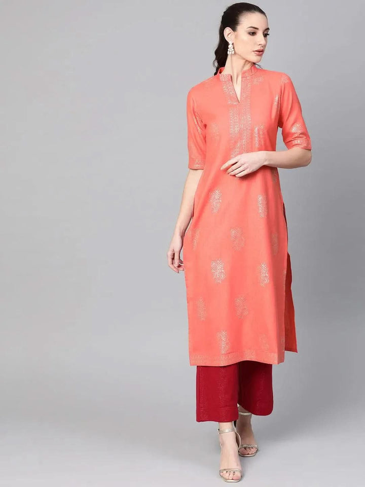 Peach Printed Cotton Kurta - Libas