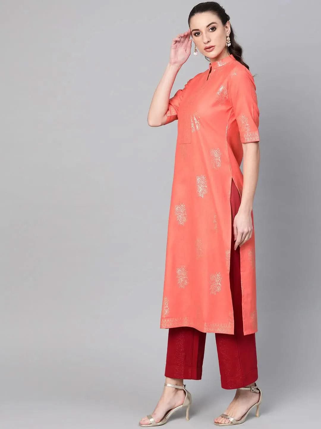 Peach Printed Cotton Kurta - Libas
