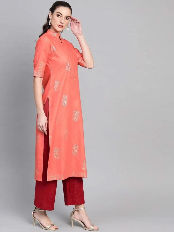 Peach Printed Cotton Kurta - Libas