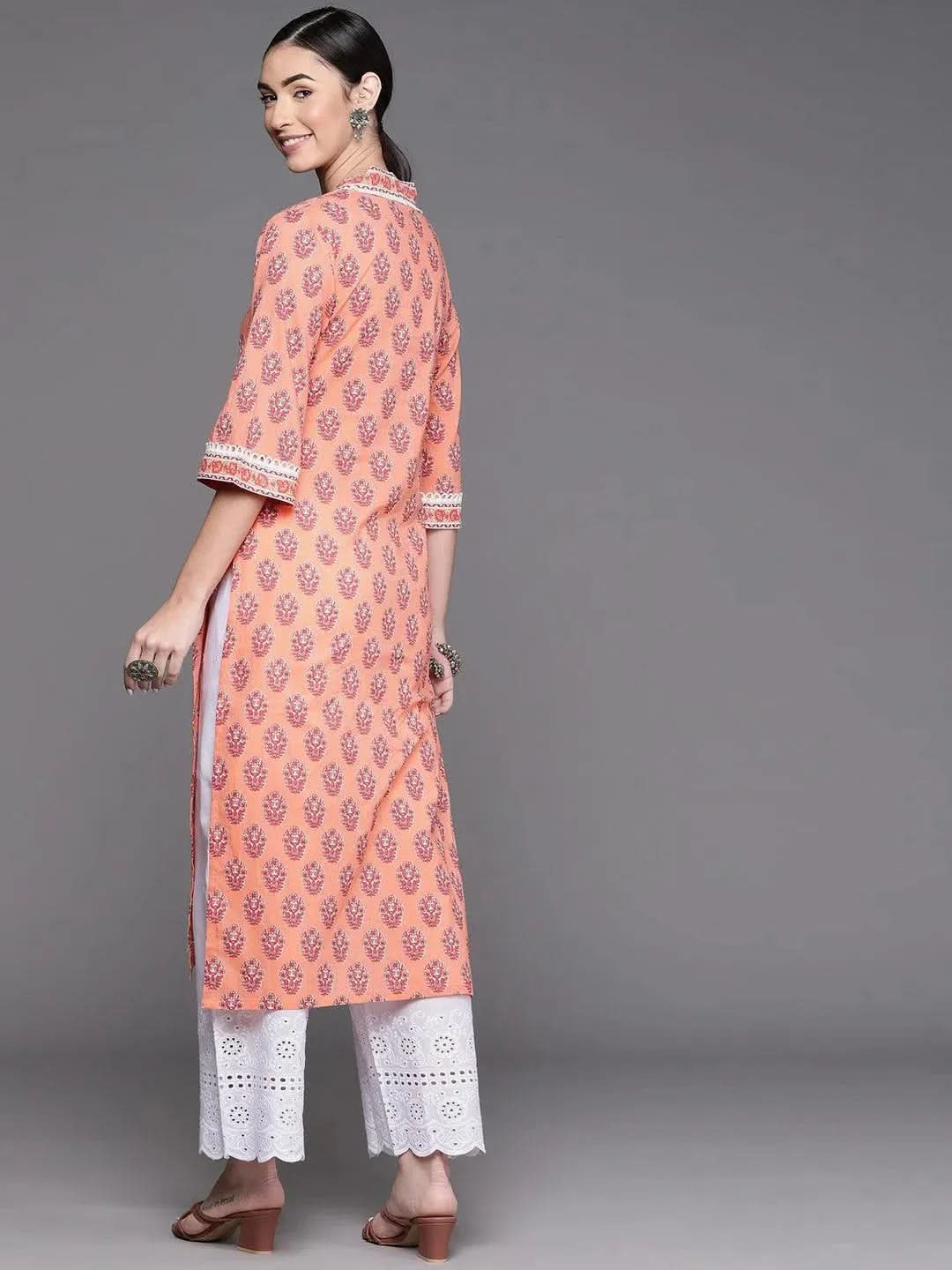 Peach Printed Cotton Kurta - Libas