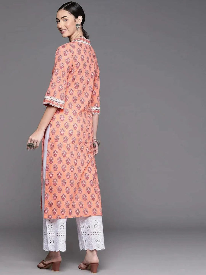 Peach Printed Cotton Kurta - Libas