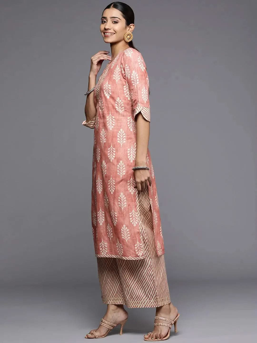 Peach Printed Cotton Straight Kurta - Libas
