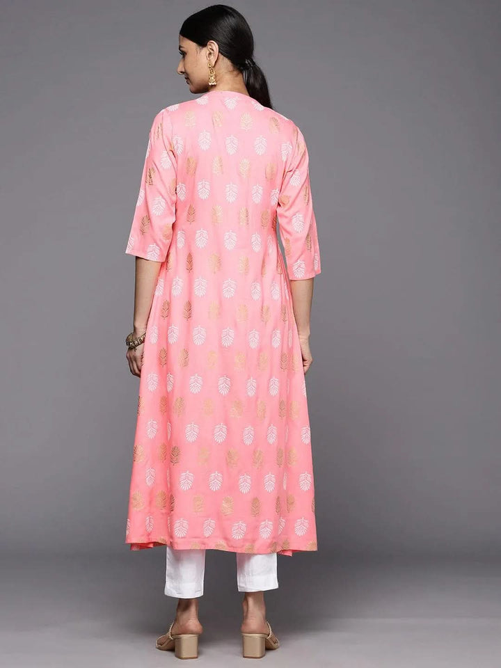 Peach Printed Rayon A-Line Kurta - Libas