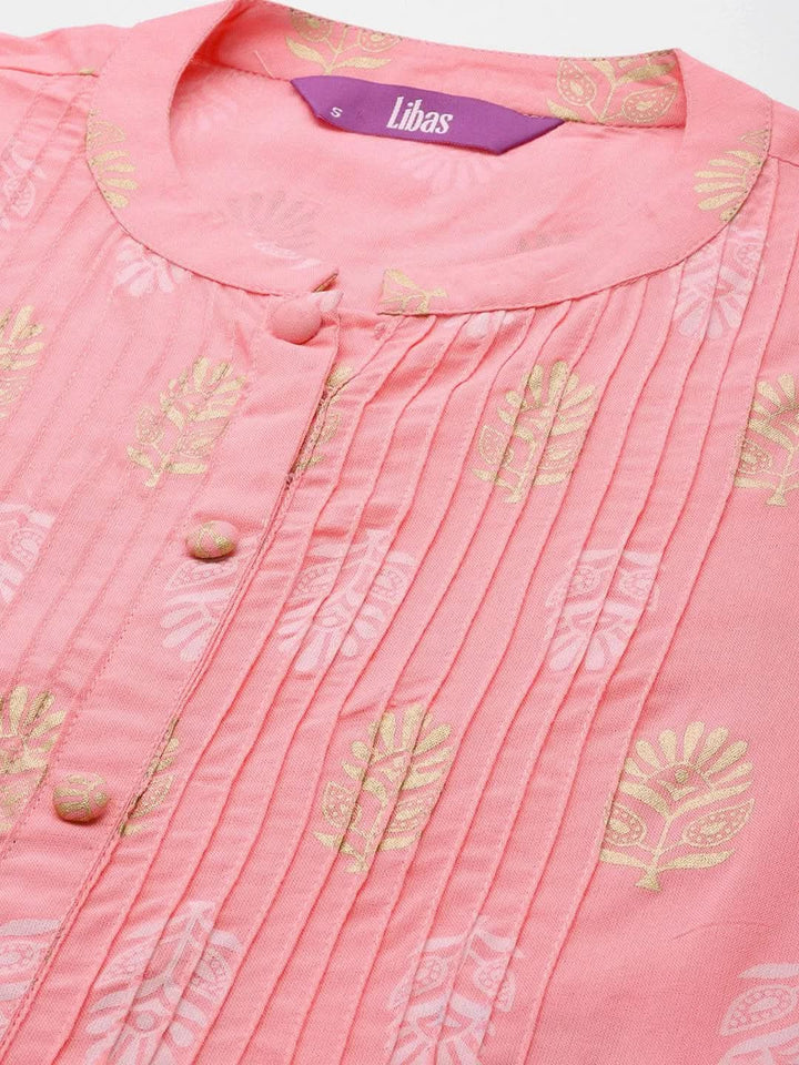 Peach Printed Rayon A-Line Kurta - Libas