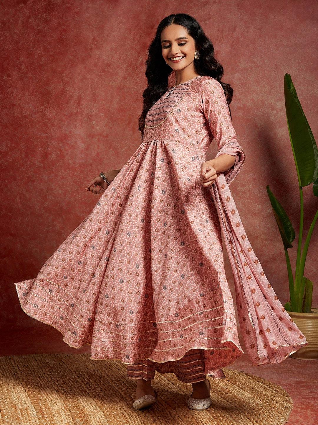 Buy Peach Printed Silk Blend Anarkali Kurta With Trousers & Dupatta Online  at Rs.1999
