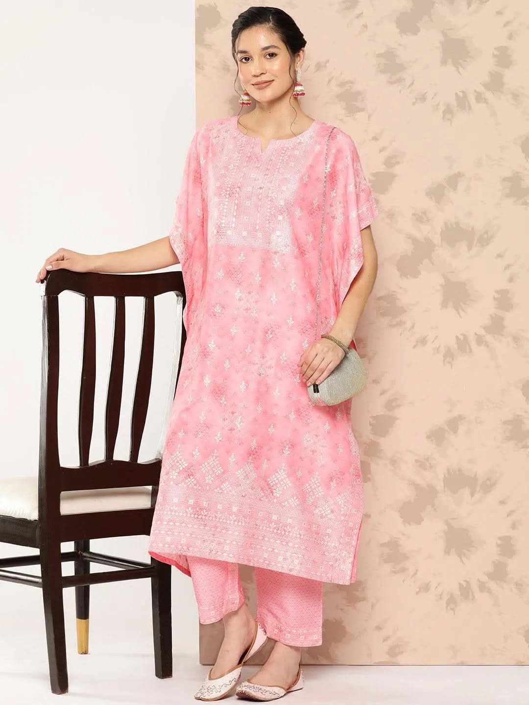 Peach Printed Silk Blend Kaftan Kurta With Trousers - Libas