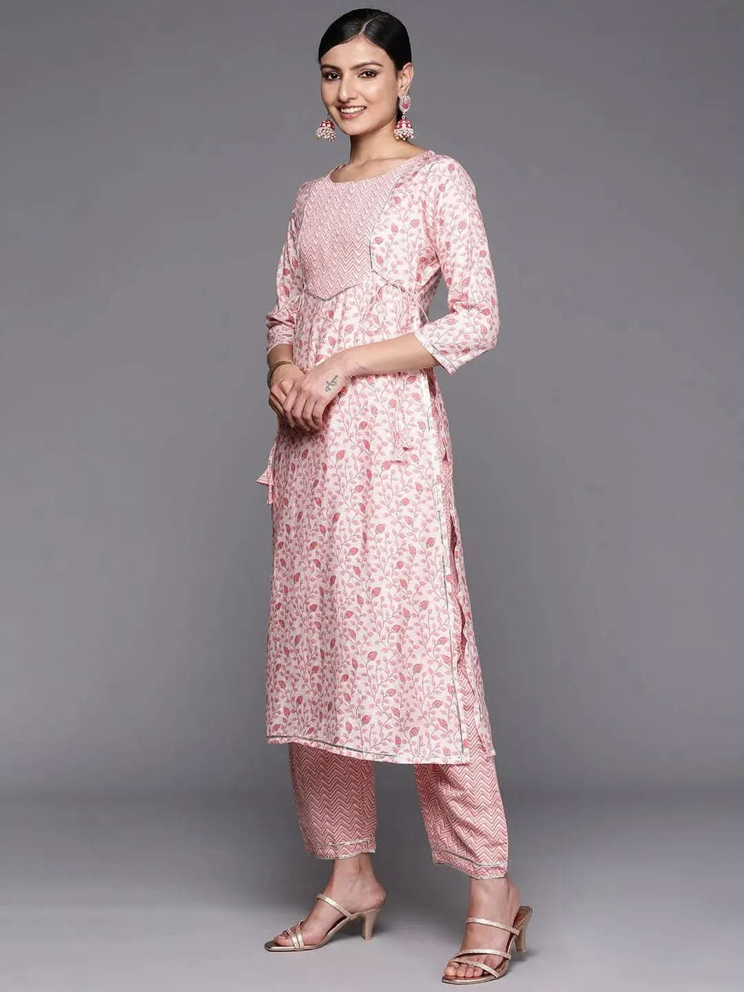 Peach Printed Silk Blend Straight Kurta Set With Trousers - Libas