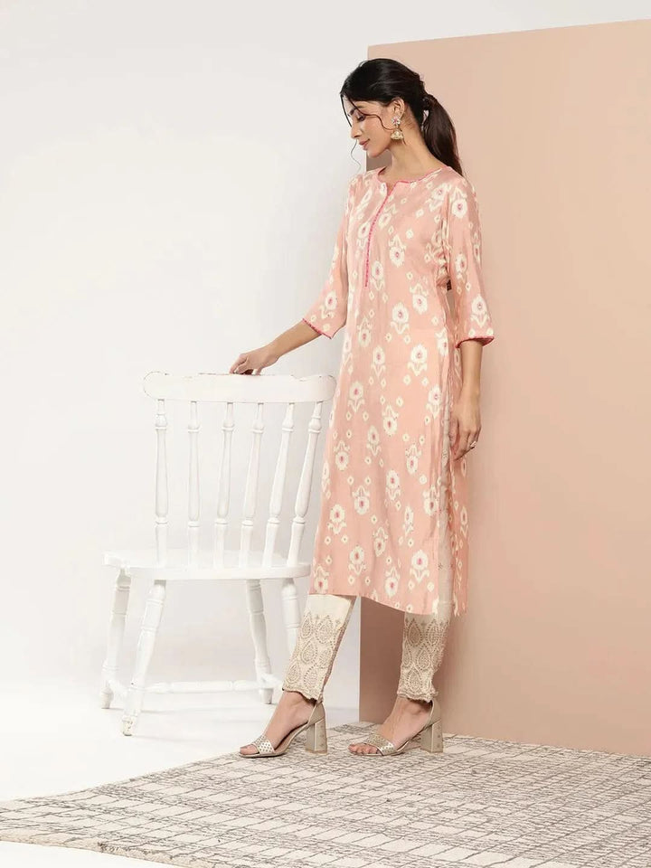 Peach Printed Silk Straight Kurta - Libas