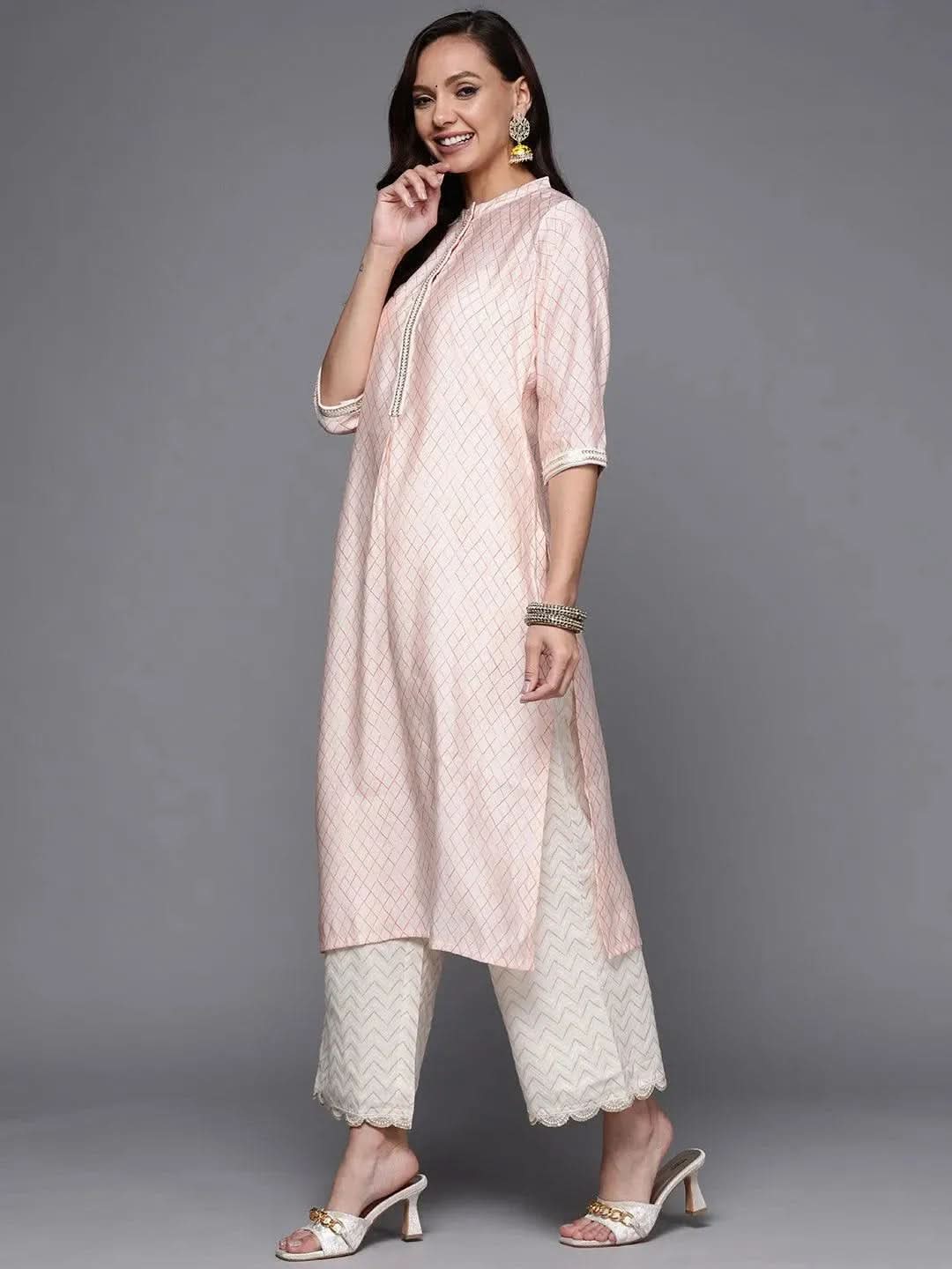 Peach Printed Silk Straight Kurta - Libas