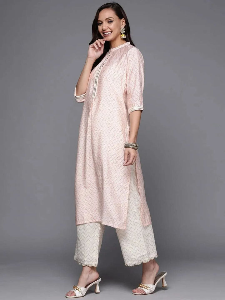 Peach Printed Silk Straight Kurta - Libas
