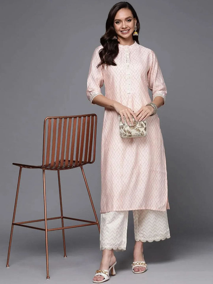 Peach Printed Silk Straight Kurta - Libas