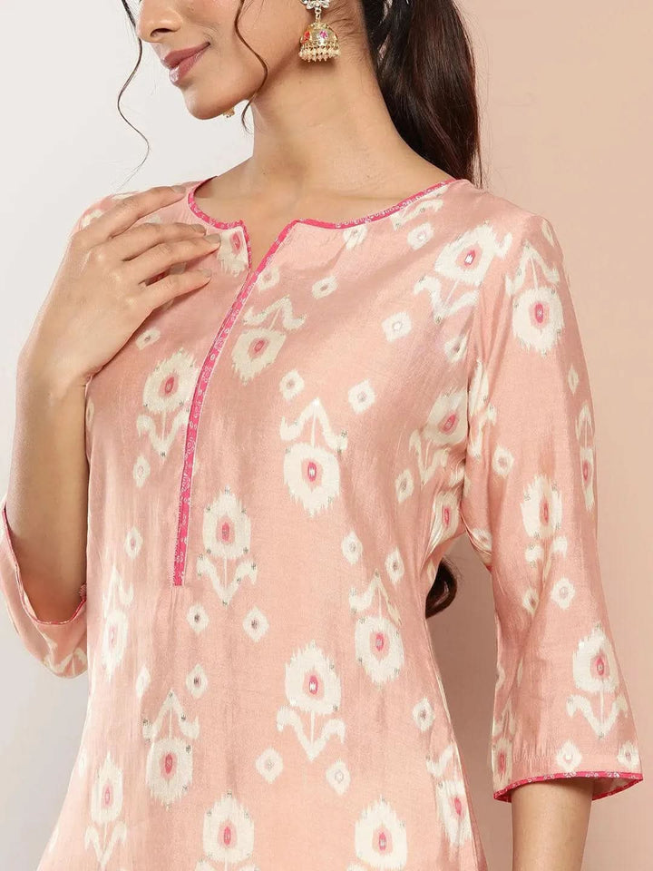 Peach Printed Silk Straight Kurta - Libas