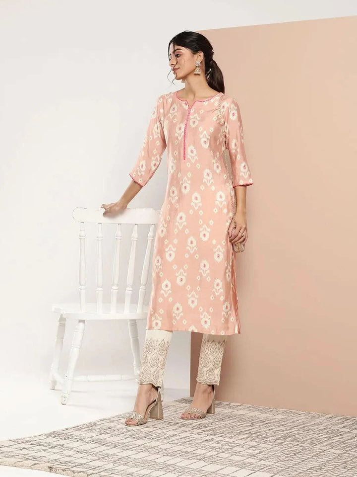 Peach Printed Silk Straight Kurta - Libas
