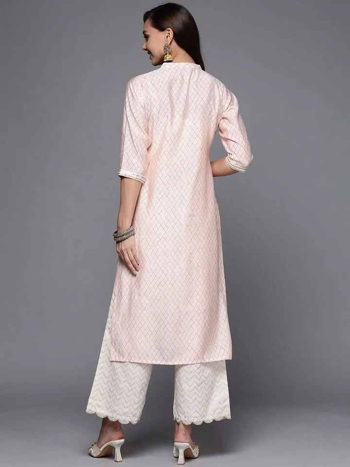 Peach Printed Silk Straight Kurta - Libas